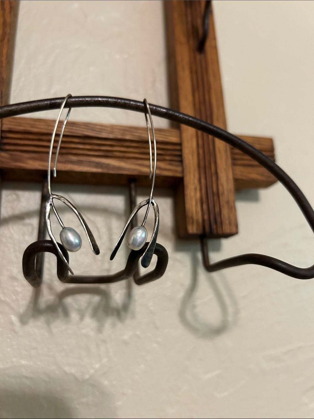 Sterling silver, genuine pearl oxidized hook earrings